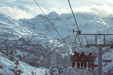 Fototapeta premium Immerse yourself in the excitement of a winter getaway at a mountain resort offering skiing and snowboarding. Relax in a charming chalet surrounded by snowcapped peaks and stunning vistas