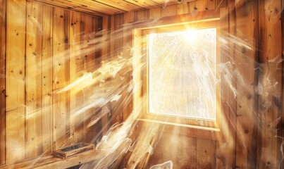 Sunlight streaming through a rustic wooden sauna window. Ideal for promoting relaxation 