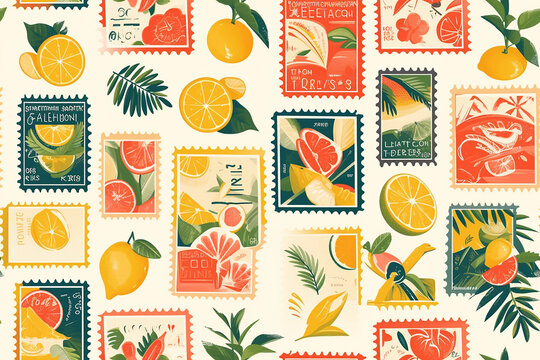 A seamless pattern with colorful stamps and citrus fruits like lemons and oranges on a light background.