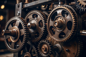 Detail view of interlocking metal gears in an industrial machine