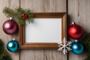 Fototapeta premium The festive wooden frame showcases a delightful Christmas scene with colorful ornaments and a charming tree figurine.