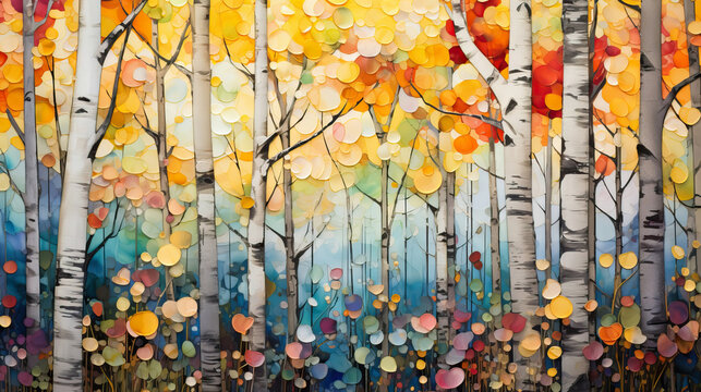Beautiful aspen trees with vibrant fall colors in painting style background.