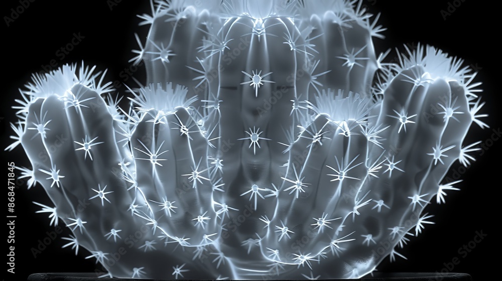 Poster x-ray scan of a potted cactus, highlighting the spines and internal structure.