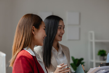 businessperson works together to shear an idea to each other, one of an employee of this group is explaining information about the project that how far they have been working on