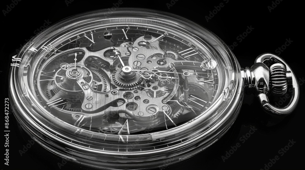 Sticker X-ray scan of a vintage pocket watch, revealing the intricate gears and mechanisms hidden within.