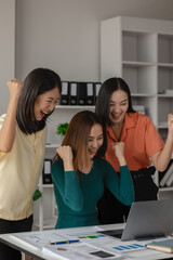 group of entrepreneur are feeling happy for their achievement as a new face of startup company, three owner of startup company feel joyful to officially contract they just got by influential company