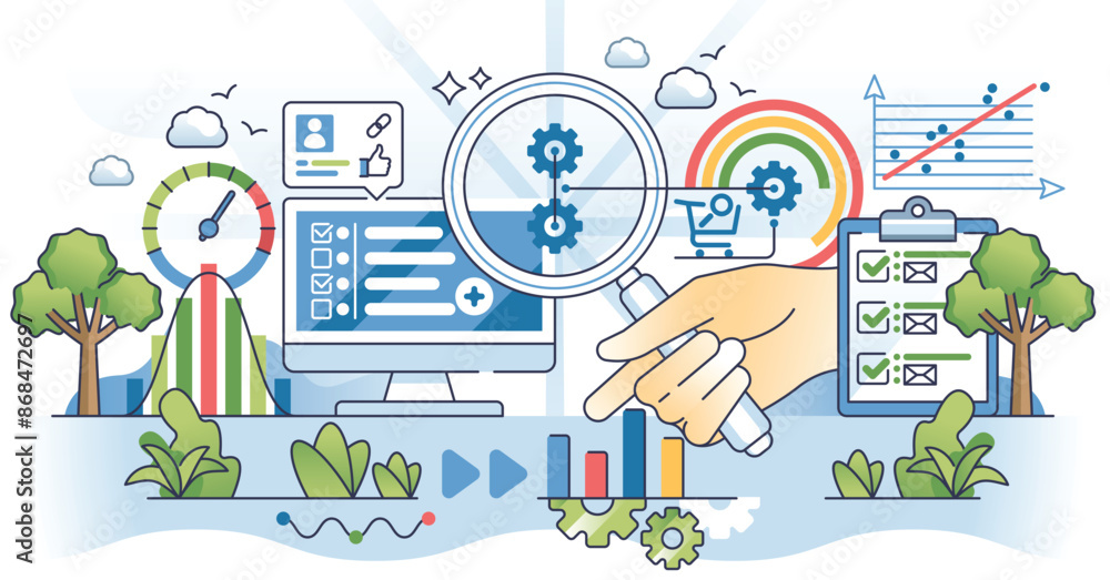 Poster digital marketing analytics tools or website monitoring outline hands concept. search engine optimiz
