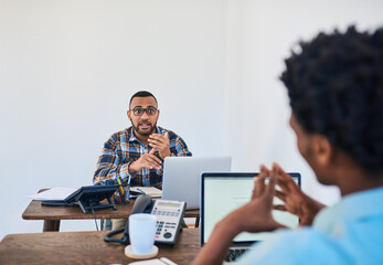 Coworking, creative and people with laptop, conversation and web developer for coding and innovation. Online, reading and documents of software, discussion and advice for brief of project in business