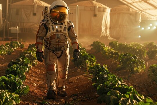Astronauts are growing vegetable on Mar, Astronaut farming and harvest in the space galaxy