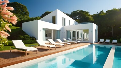 Fototapeta premium A sleek angular white modern house with clean lines.generative.ai 
