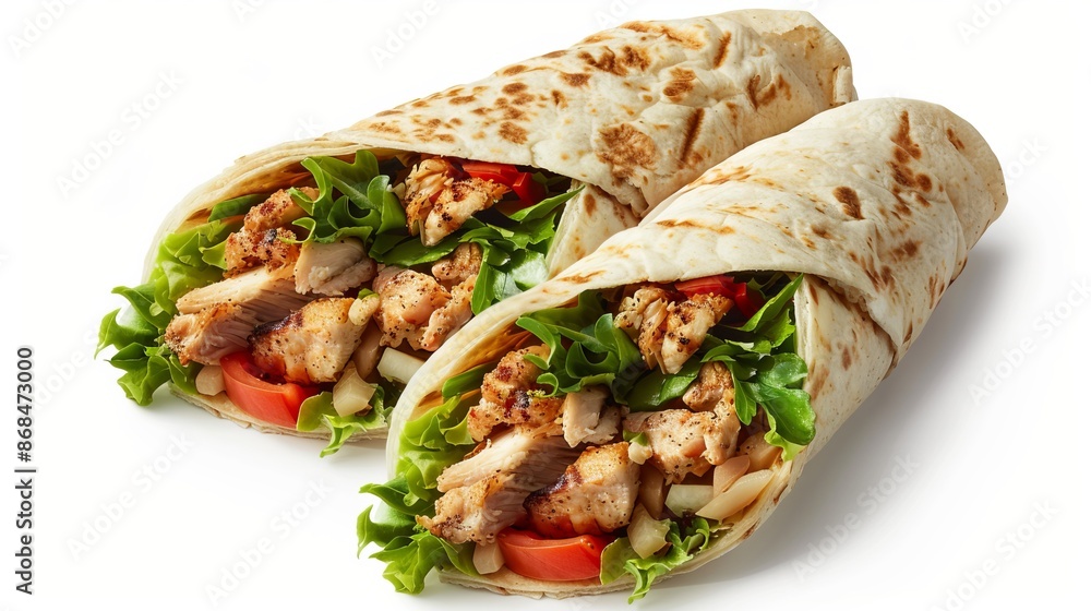 Poster Close-up view of two delicious chicken wraps filled with fresh vegetables. Appetizing and healthy snack or meal idea. Perfect for lunch or dinner. Isolated on a white background. AI