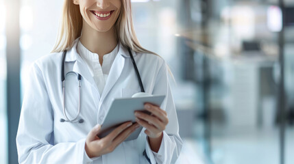 A woman in a white lab coat is smiling and holding a tablet