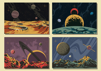 Planet Panoramas, Planetary Surfaces, Craters, Deep Space Backgrounds, Celestial Bodies, Universe Illustrations, Vector Templates for Cosmic Posters, Covers © koyash07