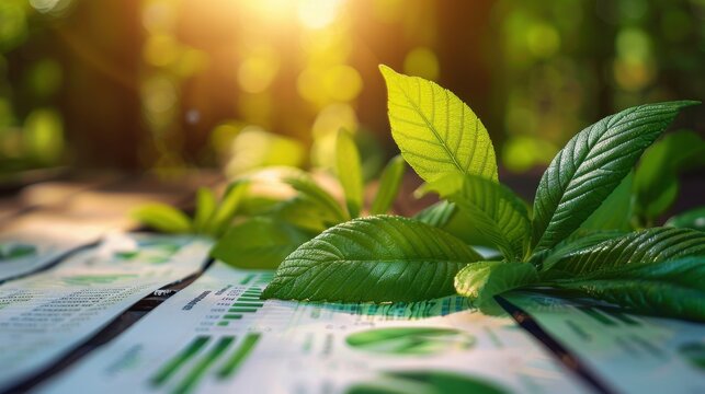 Financial documents with green graphs and fresh leaves, eco-investing concept, illustration background