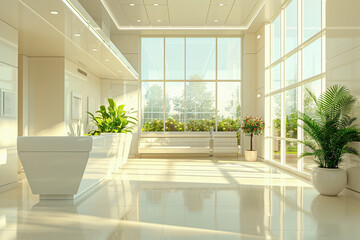 Fototapeta premium Hospital interior, empty corridor with blue flooring, healthcare facility with waiting area