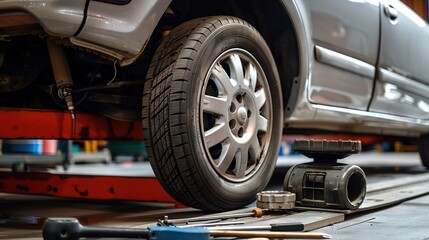 Mechanic Inspecting Car Alignment in Auto Garage Using Specialized Equipment for Tire Maintenance