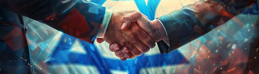 Handshake in front of Israel flag, vibrant colors, detailed, digital rendering