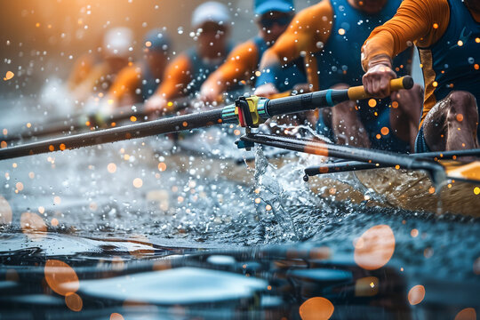Rowing team at a rowing competition, athletes focused on sculling, team effort and training on water.