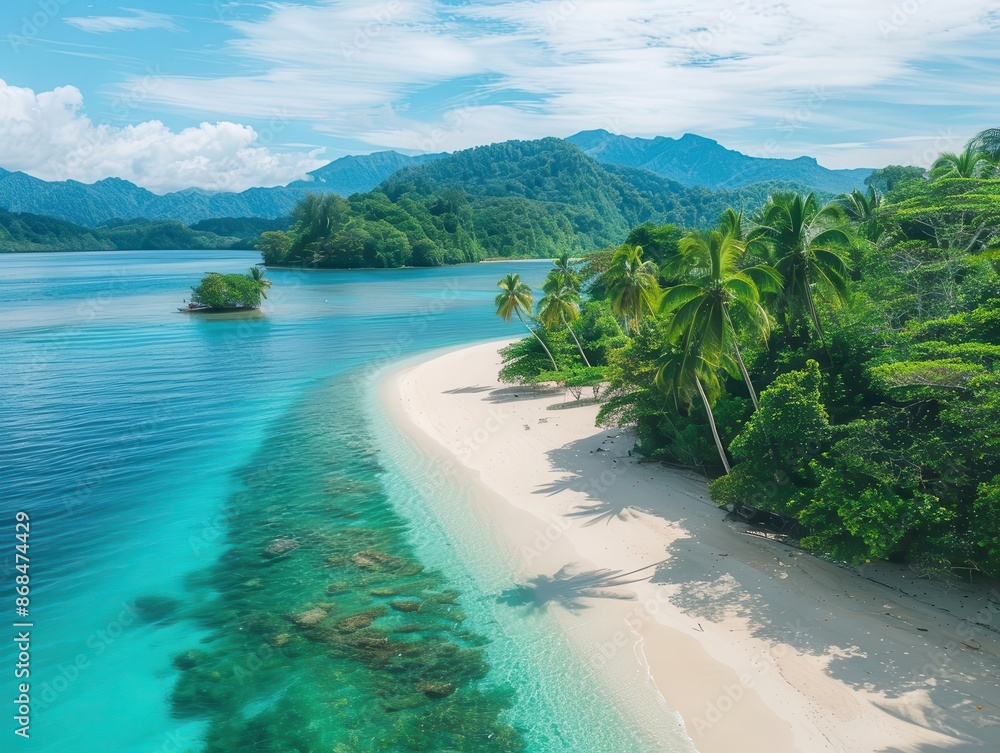 Wall mural idyllic tropical island paradise pristine white sand beach fringed by swaying palms crystalclear tur