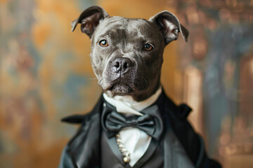 Dog in a tailcoat, animal in business suit, professional manager.