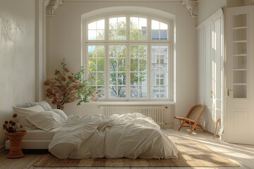 Scandinavian bedroom bright lighting from large windows white walls light wood flooring minimalist furniture cozy feel