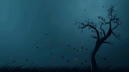 Illustration of night creepy tree with falling leaves at night