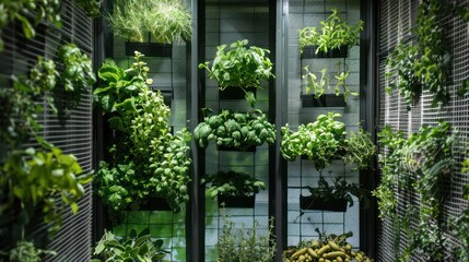 Fototapeta premium Screen wall featuring sliding panels of aromatic herbs encased in mesh, providing a functional culinary and privacy solution for kitchen gardens