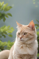 A cat sits against a plain background