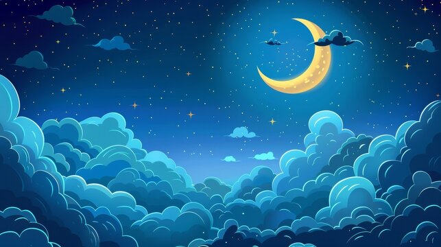 Illustration of night time with crescent moon on the clouds and stars
