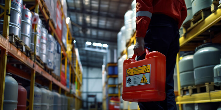 Safety chemical concept. Man holding gasoline standing in warehouse