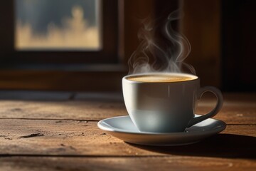 Obraz premium A Steaming Cup of Coffee on a Wooden Table Near a Window