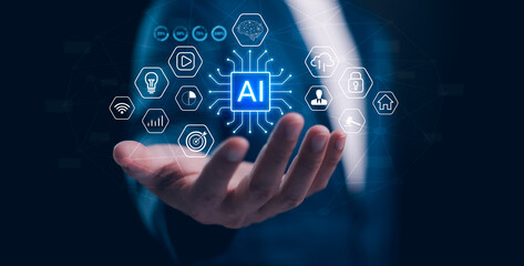 Presentation about artificial intelligence machine learning technology, businessman use ai generate...