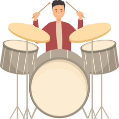 Musician playing drums with drum sticks on white background