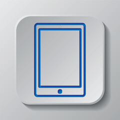 Tablet simple icon vector. Flat design. Paper cut design. Cutted blue symbol with shadow. Gray badge button, gray background
