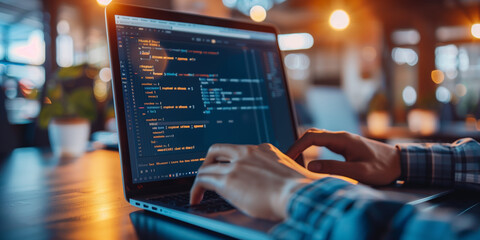 Software development concept. Software engineer working on laptop