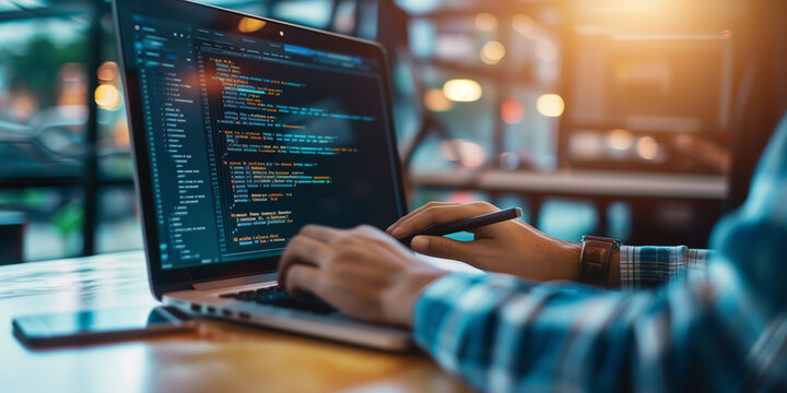 Software development concept. Software engineer working on laptop