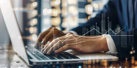 Real estate concept. Home loan application. Property value. Man using laptop with house and growth graph on laptop