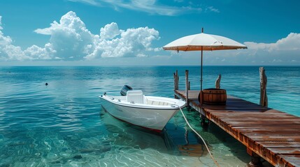Naklejka premium Umbrella covering a boat and dock, symbolizing marine insurance coverage, nautical security