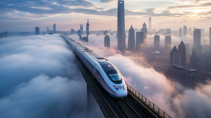 A train speeding over the city

