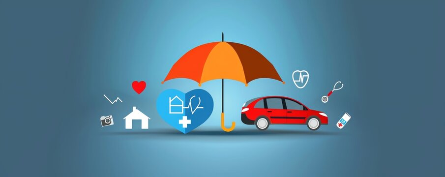 Umbrella cover various icons like a house, car, and health symbol, insurance coverage, comprehensive protection