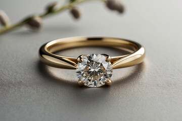 an elegant diamond engagement ring with a prominent solitaire, set on a slender gold band. The textured grey background adds a touch of sophistication