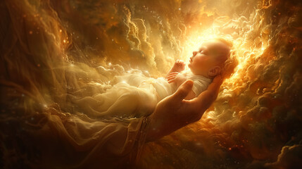 Heavenly scene with a baby cradled in God's hand, radiating warmth and love