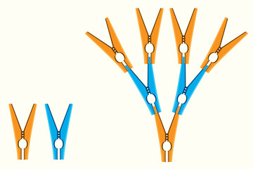 Orange and blue clothespin. Clothes peg. Clothesline hanging peg. Mathematics, geometry, physics question.