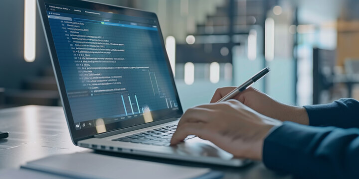 Business Project Management System. Scheduling and work progress. Project manager working on laptop