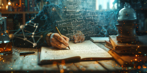 Physics equations floating on a notebook. Extremely intelligent student studying in a library