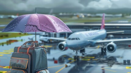 Umbrella over a travel bag and airplane, representing travel insurance coverage, safety, travel protection