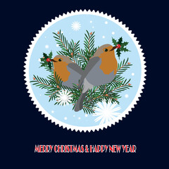 Merry Christmas and Happy New Year postcard. Robin on fir with holly isolated nature stock vector illustration for web, for print, for fabric print