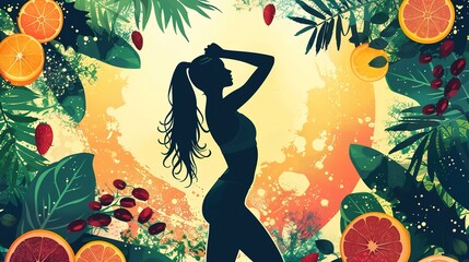 A silhouetted woman in a fitness pose surrounded by vibrant fruits and tropical foliage. Generated AI.