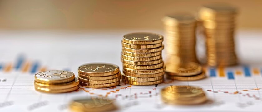 Stacks of golden coins on a financial chart.