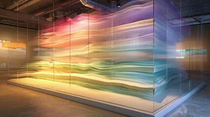 Screen wall made from stacked layers of colored sand encased in clear acrylic, creating a visually stunning and stable structure